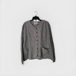 Flax Black Linen Button Front Tunic Top Women Size Large Lagenlook Houndstooth